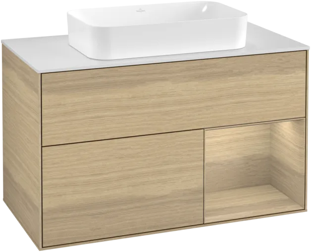 VILLEROY BOCH Toaletní skříňka Finion, s osvětlením, 2 výsuvy, 1000 x 603 x 501 mm, dubová dýha / dubová dýha / sklo bílé matné #F251PCPC