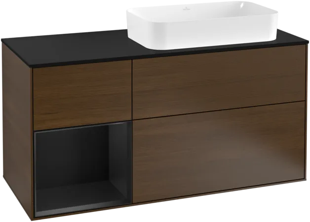 VILLEROY BOCH Toaletní skříňka Finion, s osvětlením, 3 výsuvy, 1200 x 603 x 501 mm, ořechová dýha / černý matný lak / černé matné sklo #F272PDGN