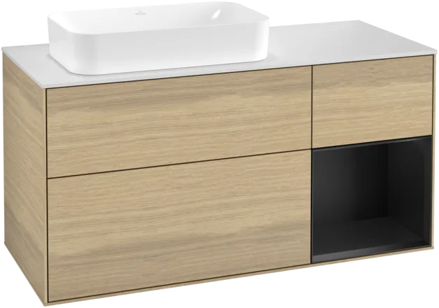 VILLEROY BOCH Toaletní skříňka Finion, s osvětlením, 3 výsuvy, 1200 x 603 x 501 mm, dubová dýha / černý matný lak / bílé matné sklo #F281PDPC