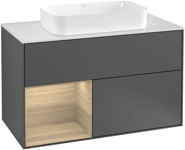 VILLEROY BOCH Toaletní skříňka Finion, s osvětlením, 2 výsuvy, 1000 x 603 x 501 mm, antracit matný lak / dubová dýha / sklo bílé matné #F241PCGK