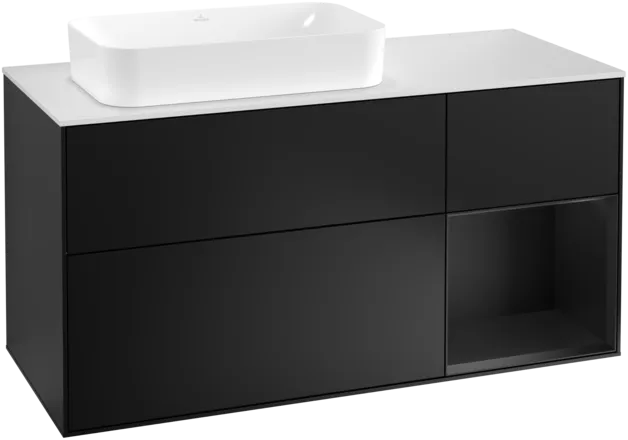 VILLEROY BOCH Toaletní skříňka Finion, s osvětlením, 3 výsuvy, 1200 x 603 x 501 mm, černý matný lak / černý matný lak / sklo bílé matné #F281PDPD