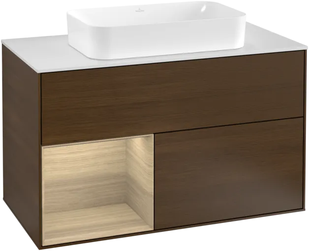 VILLEROY BOCH Umyvadlová skříňka Finion, s osvětlením, 2 výsuvy, 1000 x 603 x 501 mm, ořechová dýha / dubová dýha / sklo bílé matné #F241PCGN