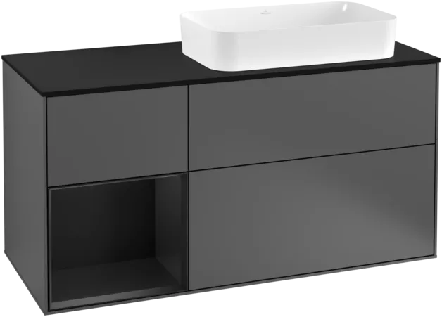 VILLEROY BOCH Toaletní skříňka Finion, s osvětlením, 3 výsuvy, 1200 x 603 x 501 mm, antracitový matný lak / černý matný lak / černé matné sklo #F272PDGK