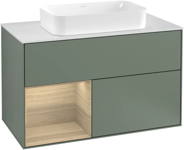 VILLEROY BOCH Toaletní skříňka Finion, s osvětlením, 2 výsuvy, 1000 x 603 x 501 mm, olivový matný lak / dubová dýha / sklo bílé matné #F241PCGM