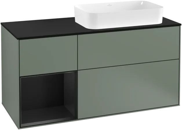 VILLEROY BOCH Toaletní skříňka Finion, s osvětlením, 3 výsuvy, 1200 x 603 x 501 mm, olivový matný lak / černý matný lak / černé matné sklo #F272PDGM