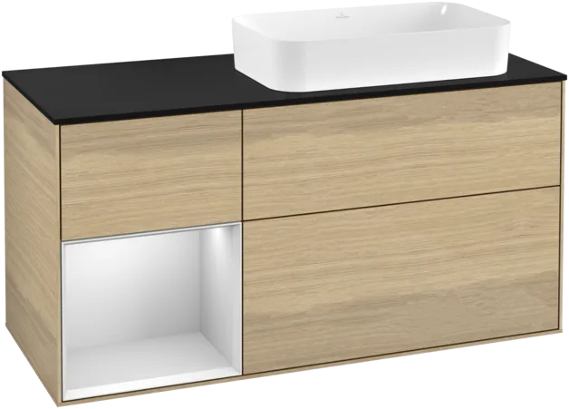VILLEROY BOCH Toaletní skříňka Finion, s osvětlením, 3 výsuvy, 1200 x 603 x 501 mm, dubová dýha / bílý matný lak / černé matné sklo #F272MTPC