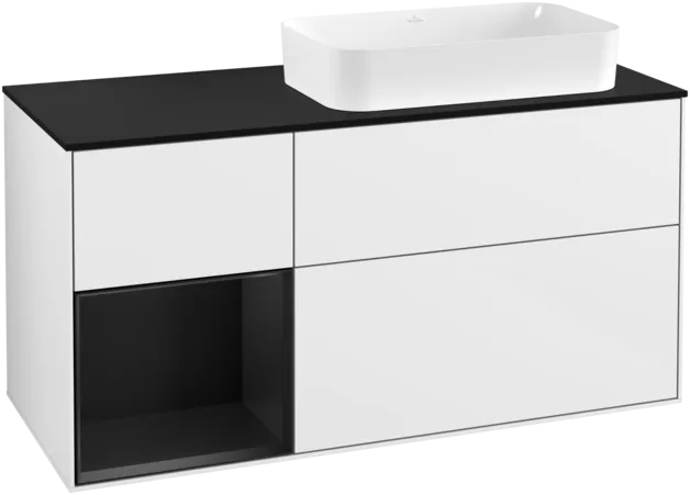 VILLEROY BOCH Toaletní skříňka Finion, s osvětlením, 3 výsuvy, 1200 x 603 x 501 mm, lesklý bílý lak / černý matný lak / černé matné sklo #F272PDGF