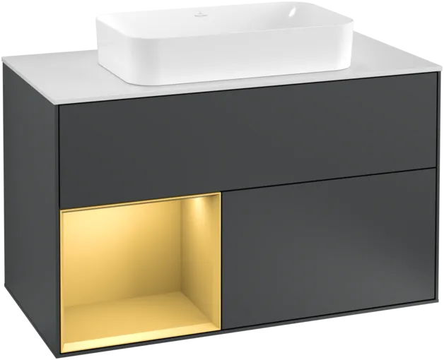 VILLEROY BOCH Toaletní skříňka Finion, s osvětlením, 2 výsuvy, 1000 x 603 x 501 mm, Midnight Blue Matt Lacquer / Gold Matt Lacquer / Glass White Matt #F241HFHG
