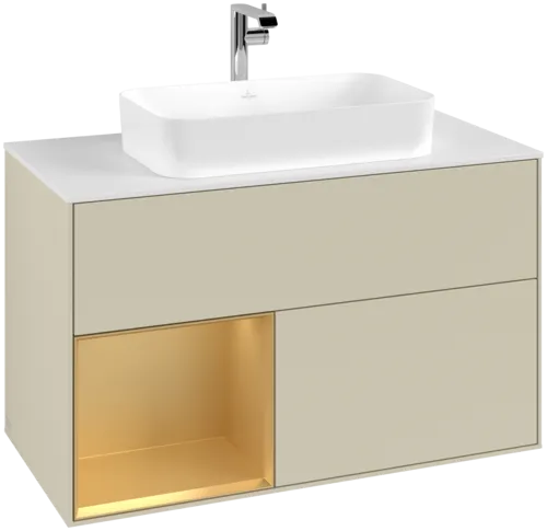 VILLEROY BOCH Toaletní skříňka Finion, s osvětlením, 2 výsuvy, 1000 x 603 x 501 mm, Silk Grey Matt Lacquer / Gold Matt Lacquer / Glass White Matt #F241HFHJ