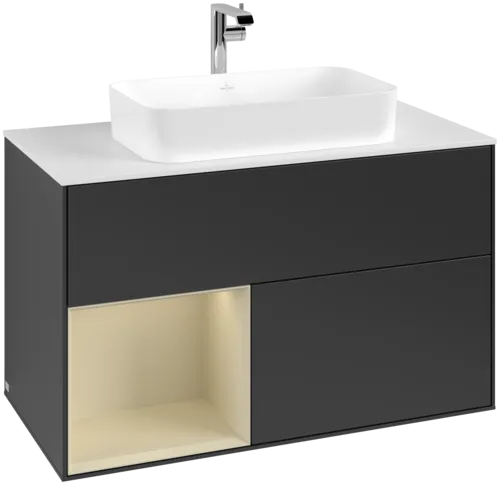 VILLEROY BOCH Toaletní skříňka Finion, s osvětlením, 2 výsuvy, 1000 x 603 x 501 mm, černý matný lak / hedvábně šedý matný lak / bílé matné sklo #F241HJPD