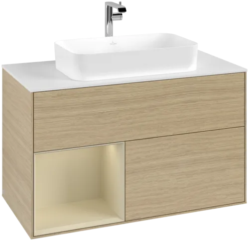 VILLEROY BOCH Toaletní stolek Finion, s osvětlením, 2 výsuvy, 1000 x 603 x 501 mm, dubová dýha / hedvábně šedý matný lak / sklo bílé matné #F241HJPC