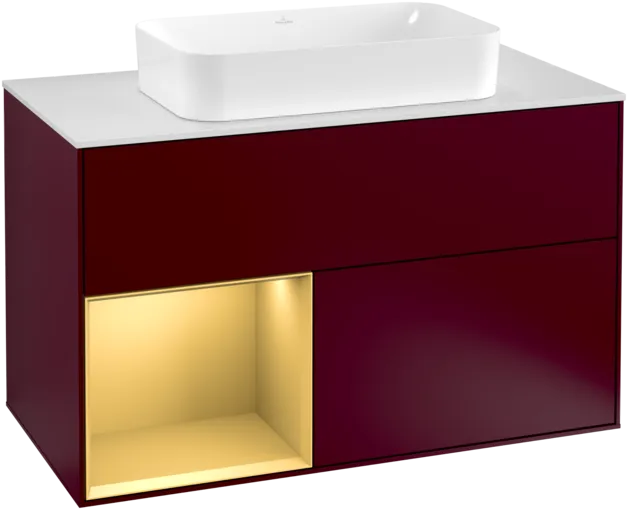 VILLEROY BOCH Toaletní skříňka Finion, s osvětlením, 2 výsuvy, 1000 x 603 x 501 mm, Peony Matt Lacquer / Gold Matt Lacquer / Glass White Matt #F241HFHB