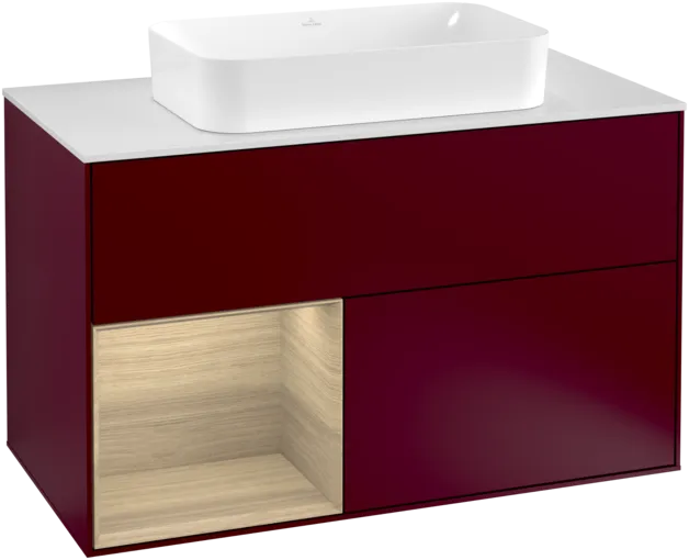VILLEROY BOCH Toaletní skříňka Finion, s osvětlením, 2 výsuvy, 1000 x 603 x 501 mm, matný lak Peony / dubová dýha / bílé matné sklo #F241PCHB