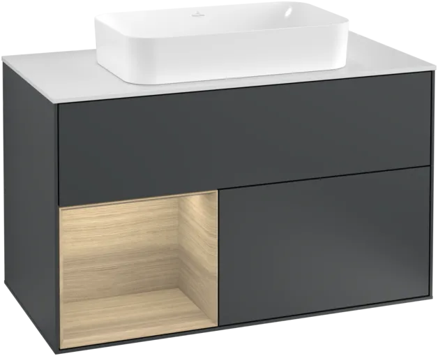 VILLEROY BOCH Toaletní skříňka Finion, s osvětlením, 2 výsuvy, 1000 x 603 x 501 mm, Midnight Blue Matt Lacquer / Oak Veneer / Glass White Matt #F241PCHG