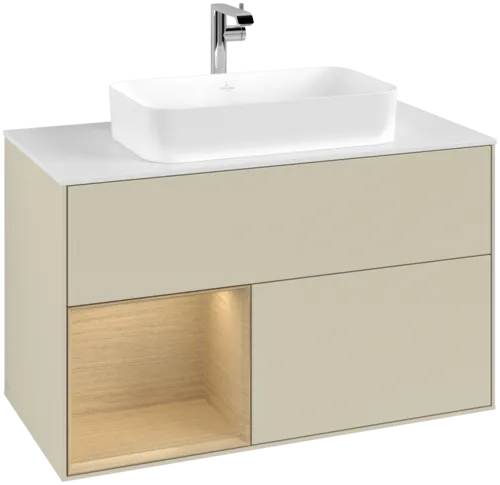 VILLEROY BOCH Toaletní skříňka Finion, s osvětlením, 2 výsuvy, 1000 x 603 x 501 mm, hedvábně šedý matný lak / dubová dýha / sklo bílé matné #F241PCHJ