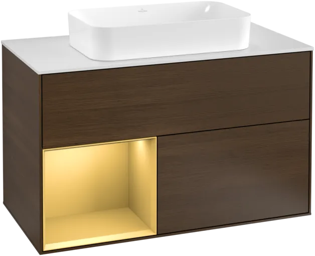 VILLEROY BOCH Toaletní stolek Finion, s osvětlením, 2 výsuvy, 1000 x 603 x 501 mm, ořechová dýha / zlatý matný lak / sklo bílé matné #F241HFGN
