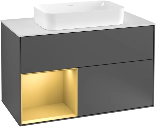 VILLEROY BOCH Toaletní skříňka Finion, s osvětlením, 2 výsuvy, 1000 x 603 x 501 mm, antracitový matný lak / zlatý matný lak / bílé matné sklo #F241HFGK