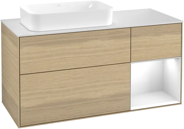 VILLEROY BOCH Toaletní skříňka Finion, s osvětlením, 3 výsuvy, 1200 x 603 x 501 mm, dubová dýha / lesklý bílý lak / sklo bílé matné #F281GFPC