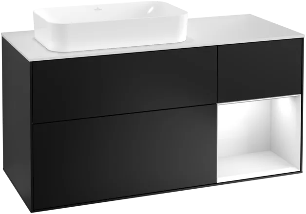 VILLEROY BOCH Toaletní skříňka Finion, s osvětlením, 3 výsuvy, 1200 x 603 x 501 mm, černý matný lak / bílý lesklý lak / bílé matné sklo #F281GFPD