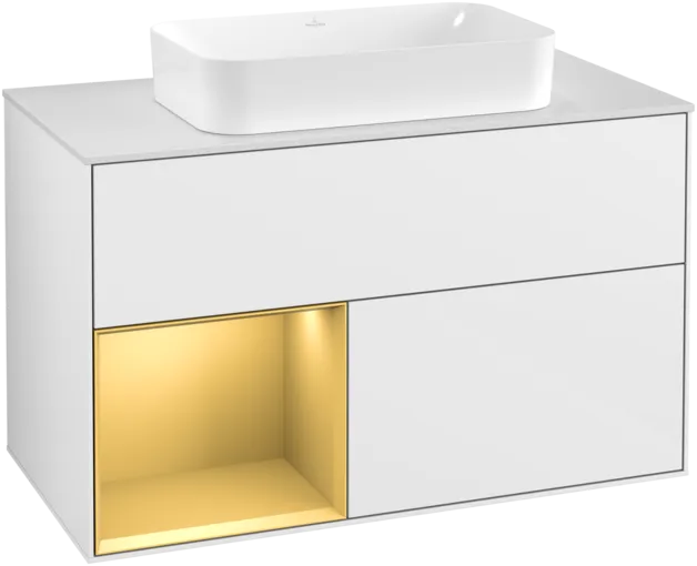 VILLEROY BOCH Toaletní skříňka Finion, s osvětlením, 2 výsuvy, 1000 x 603 x 501 mm, lesklý bílý lak / zlatý matný lak / bílé matné sklo #F241HFGF
