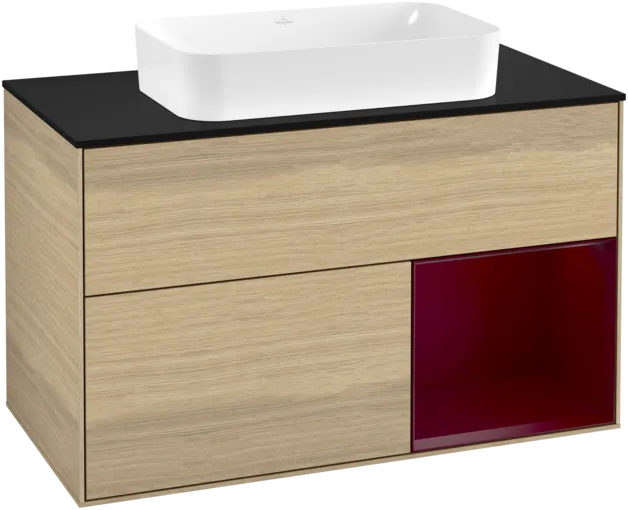 VILLEROY BOCH Toaletní stolek Finion, s osvětlením, 2 výsuvy, 1000 x 603 x 501 mm, dubová dýha / matný lak Pivoňka / matné černé sklo #F252HBPC
