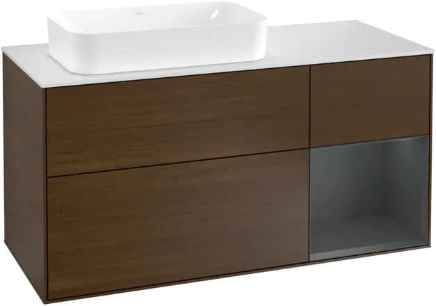 VILLEROY BOCH Toaletní skříňka Finion, s osvětlením, 3 výsuvy, 1200 x 603 x 501 mm, ořechová dýha / půlnočně modrý matný lak / sklo bílé matné #F281HGGN