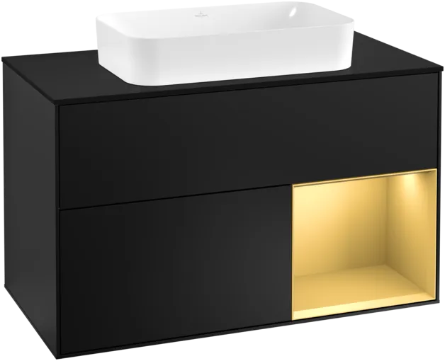 VILLEROY BOCH Toaletní skříňka Finion, s osvětlením, 2 výsuvy, 1000 x 603 x 501 mm, černý matný lak / zlatý matný lak / černé matné sklo #F252HFPD