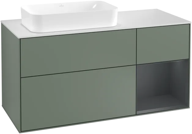 VILLEROY BOCH Toaletní skříňka Finion, s osvětlením, 3 výsuvy, 1200 x 603 x 501 mm, olivový matný lak / půlnoční modrý matný lak / bílé matné sklo #F281HGGM