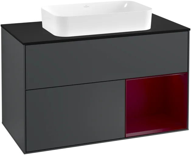VILLEROY BOCH Toaletní skříňka Finion, s osvětlením, 2 výsuvy, 1000 x 603 x 501 mm, Midnight Blue Matt Lacquer / Peony Matt Lacquer / Glass Black Matt #F252HBHG