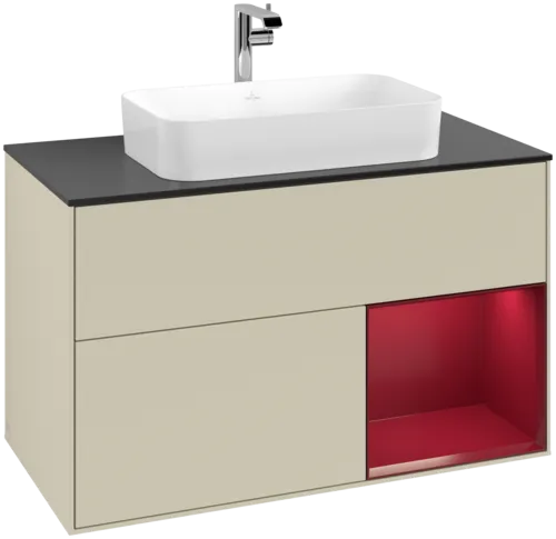 VILLEROY BOCH Toaletní skříňka Finion, s osvětlením, 2 výsuvy, 1000 x 603 x 501 mm, Silk Grey Matt Lacquer / Peony Matt Lacquer / Glass Black Matt #F252HBHJ