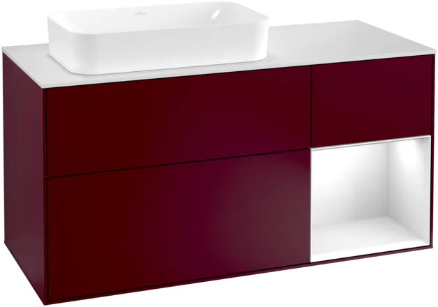 VILLEROY BOCH Toaletní skříňka Finion, s osvětlením, 3 výsuvy, 1200 x 603 x 501 mm, matný lak Peony / lesklý bílý lak / matné bílé sklo #F281GFHB