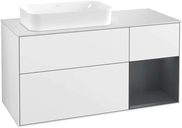 VILLEROY BOCH Toaletní skříňka Finion, s osvětlením, 3 výsuvy, 1200 x 603 x 501 mm, lesklý bílý lak / půlnoční modrý matný lak / bílé matné sklo #F281HGGF