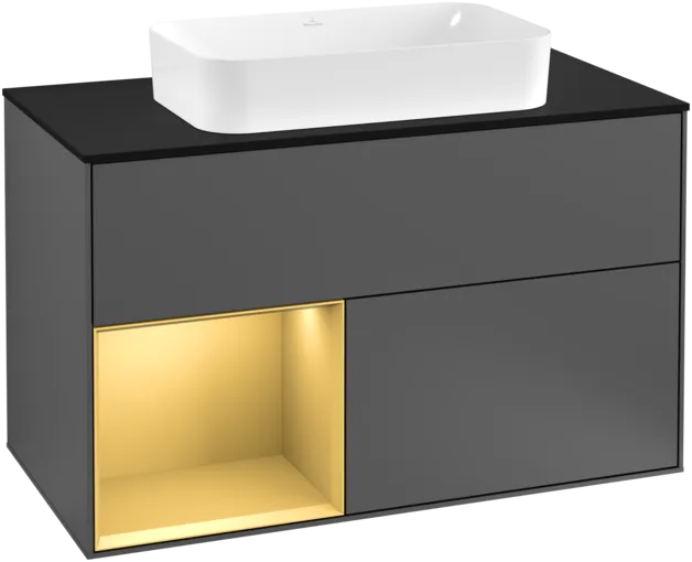 VILLEROY BOCH Toaletní skříňka Finion, s osvětlením, 2 výsuvy, 1000 x 603 x 501 mm, antracit matný lak / zlatý matný lak / černé matné sklo #F242HFGK