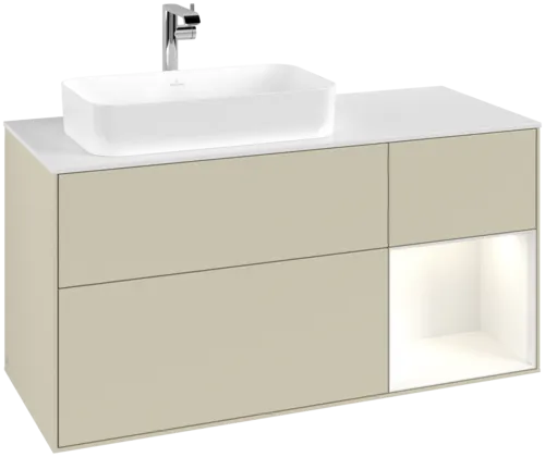 VILLEROY BOCH Toaletní skříňka Finion, s osvětlením, 3 výsuvy, 1200 x 603 x 501 mm, hedvábně šedý matný lak / lesklý bílý lak / bílé matné sklo #F281GFHJ