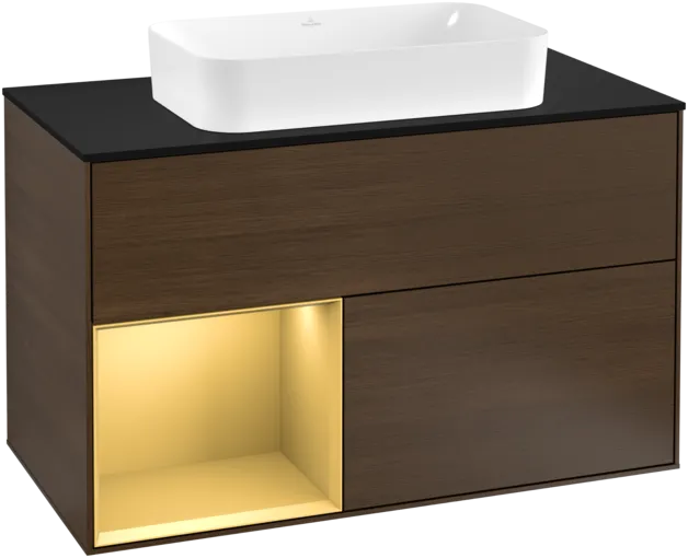 VILLEROY BOCH Toaletní skříňka Finion, s osvětlením, 2 výsuvy, 1000 x 603 x 501 mm, ořechová dýha / zlatý matný lak / černé matné sklo #F242HFGN