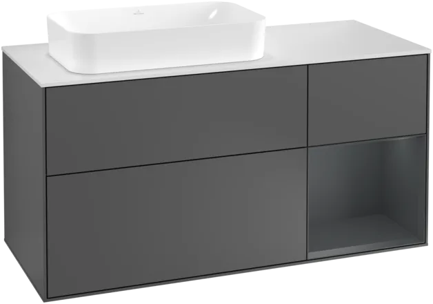 VILLEROY BOCH Toaletní skříňka Finion, s osvětlením, 3 výsuvy, 1200 x 603 x 501 mm, antracitový matný lak / půlnoční modrý matný lak / bílé matné sklo #F281HGGK