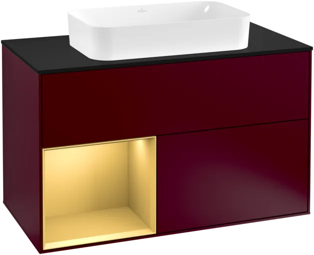 VILLEROY BOCH Toaletní skříňka Finion, s osvětlením, 2 výsuvy, 1000 x 603 x 501 mm, Peony Matt Lacquer / Gold Matt Lacquer / Glass Black Matt #F242HFHB