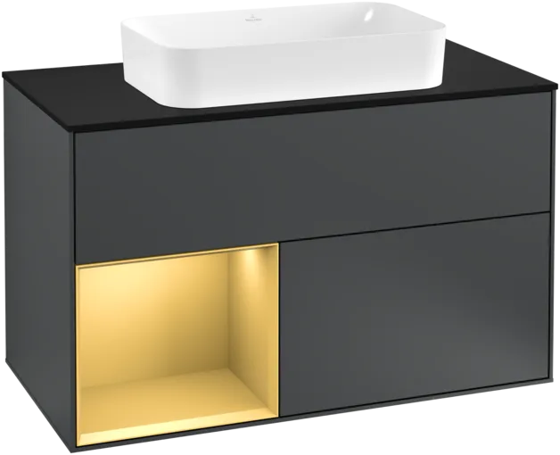 VILLEROY BOCH Toaletní skříňka Finion, s osvětlením, 2 výsuvy, 1000 x 603 x 501 mm, Midnight Blue Matt Lacquer / Gold Matt Lacquer / Glass Black Matt #F242HFHG