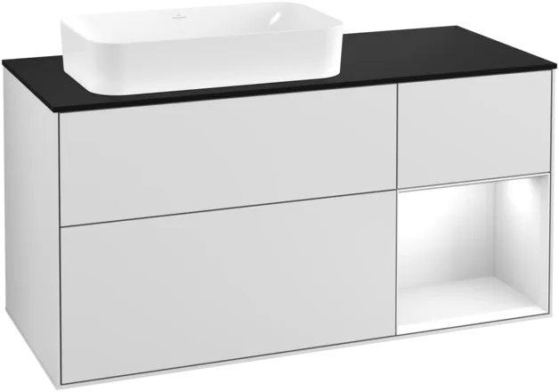 VILLEROY BOCH Toaletní skříňka Finion, s osvětlením, 3 výsuvy, 1200 x 603 x 501 mm, bílý matný lak / bílý lesklý lak / černé matné sklo #F282GFMT