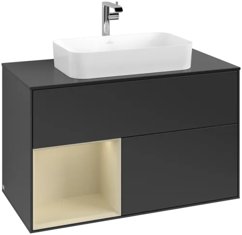 VILLEROY BOCH Toaletní skříňka Finion, s osvětlením, 2 výsuvy, 1000 x 603 x 501 mm, černý matný lak / hedvábně šedý matný lak / černé matné sklo #F242HJPD