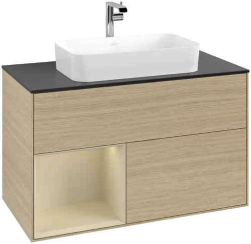 VILLEROY BOCH Toaletní skříňka Finion, s osvětlením, 2 výsuvy, 1000 x 603 x 501 mm, dubová dýha / hedvábně šedý matný lak / sklo černé matné #F242HJPC