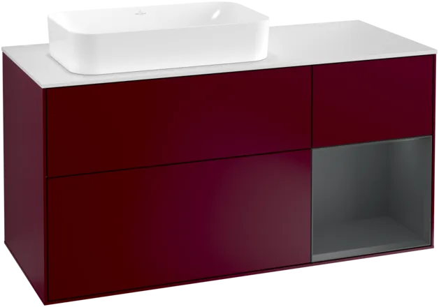 VILLEROY BOCH Toaletní skříňka Finion, s osvětlením, 3 výsuvy, 1200 x 603 x 501 mm, Pivoňka matný lak / Půlnoční modrá matný lak / Sklo bílé matné #F281HGHB
