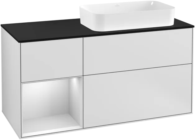 VILLEROY BOCH Toaletní skříňka Finion, s osvětlením, 3 výsuvy, 1200 x 603 x 501 mm, bílý matný lak / bílý matný lak / černé matné sklo #F272MTMT
