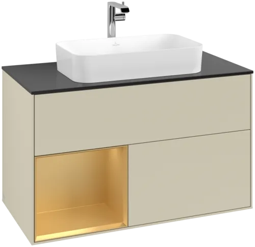 VILLEROY BOCH Toaletní skříňka Finion, s osvětlením, 2 výsuvy, 1000 x 603 x 501 mm, Silk Grey Matt Lacquer / Gold Matt Lacquer / Glass Black Matt #F242HFHJ