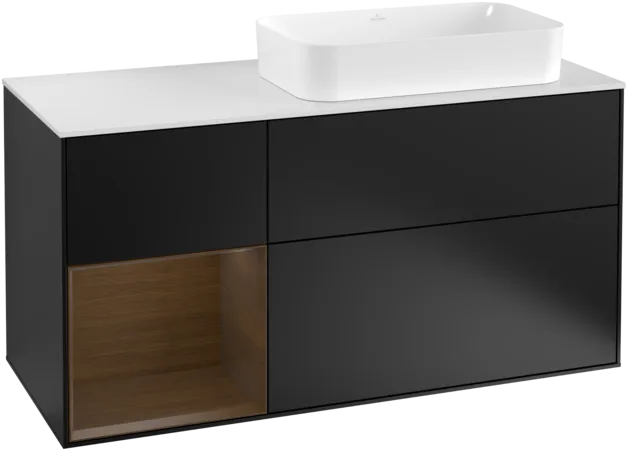 VILLEROY BOCH Toaletní skříňka Finion, s osvětlením, 3 výsuvy, 1200 x 603 x 501 mm, černý matný lak / ořechová dýha / bílé matné sklo #F271GNPD