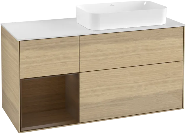 VILLEROY BOCH Toaletní skříňka Finion, s osvětlením, 3 výsuvy, 1200 x 603 x 501 mm, dubová dýha / ořechová dýha / sklo bílé matné #F271GNPC