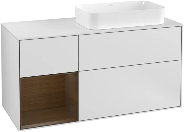 VILLEROY BOCH Toaletní skříňka Finion, s osvětlením, 3 výsuvy, 1200 x 603 x 501 mm, bílý matný lak / ořechová dýha / sklo bílé matné #F271GNMT