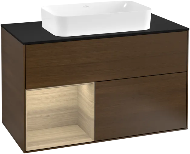 VILLEROY BOCH Toaletní stolek Finion, s osvětlením, 2 výsuvy, 1000 x 603 x 501 mm, ořechová dýha / dubová dýha / sklo černé matné #F242PCGN