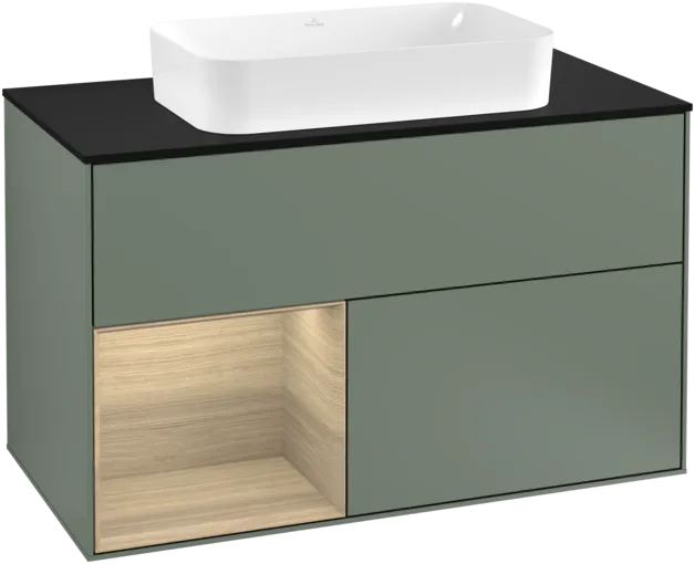 VILLEROY BOCH Toaletní skříňka Finion, s osvětlením, 2 výsuvy, 1000 x 603 x 501 mm, olivový matný lak / dubová dýha / sklo černé matné #F242PCGM