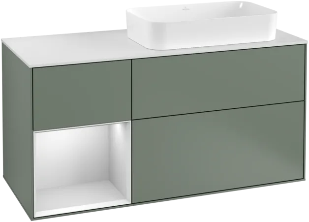 VILLEROY BOCH Toaletní skříňka Finion, s osvětlením, 3 výsuvy, 1200 x 603 x 501 mm, olivový matný lak / bílý matný lak / bílé matné sklo #F271MTGM